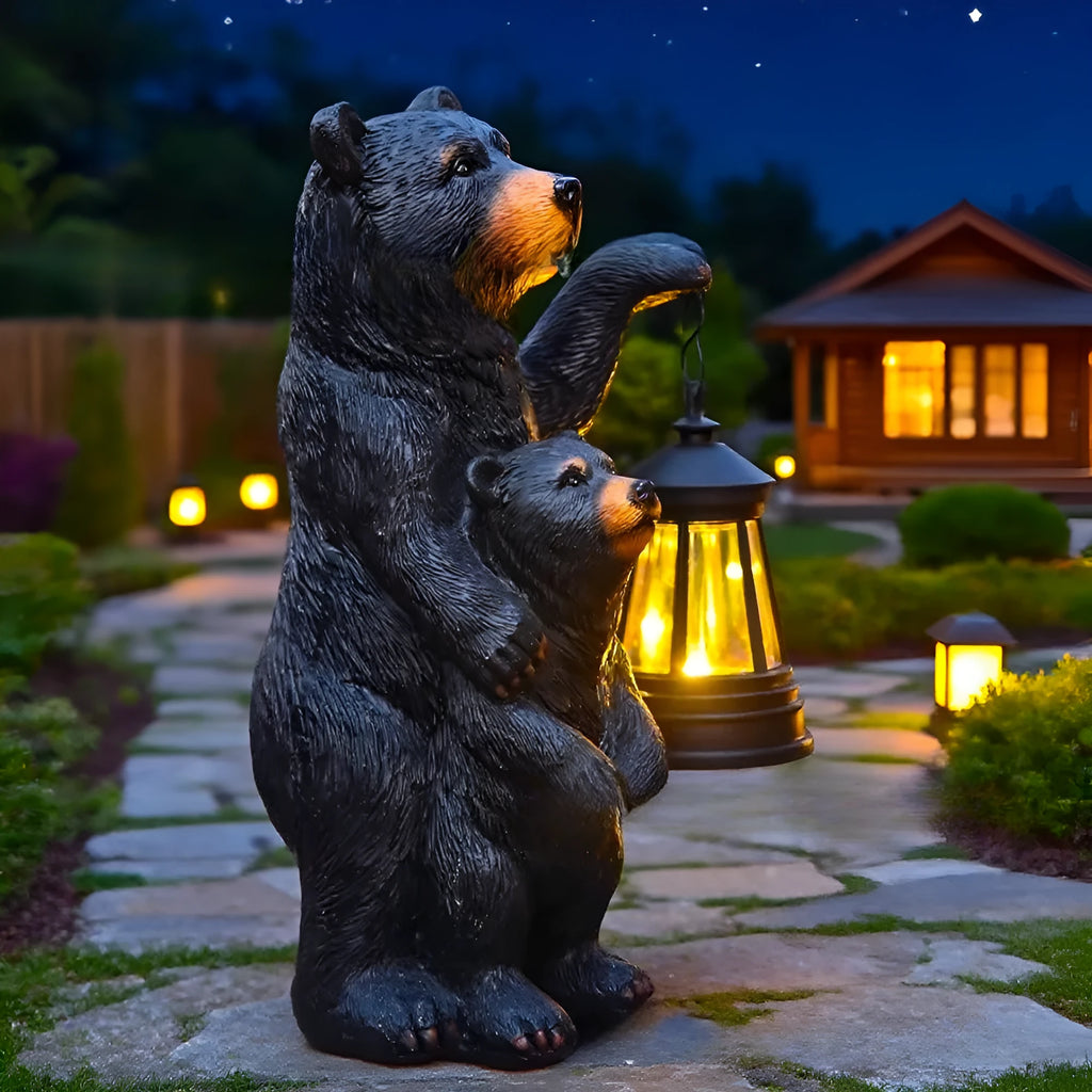 Resin American Black Bear mother and child lantern ornament for tabletop or garden decor