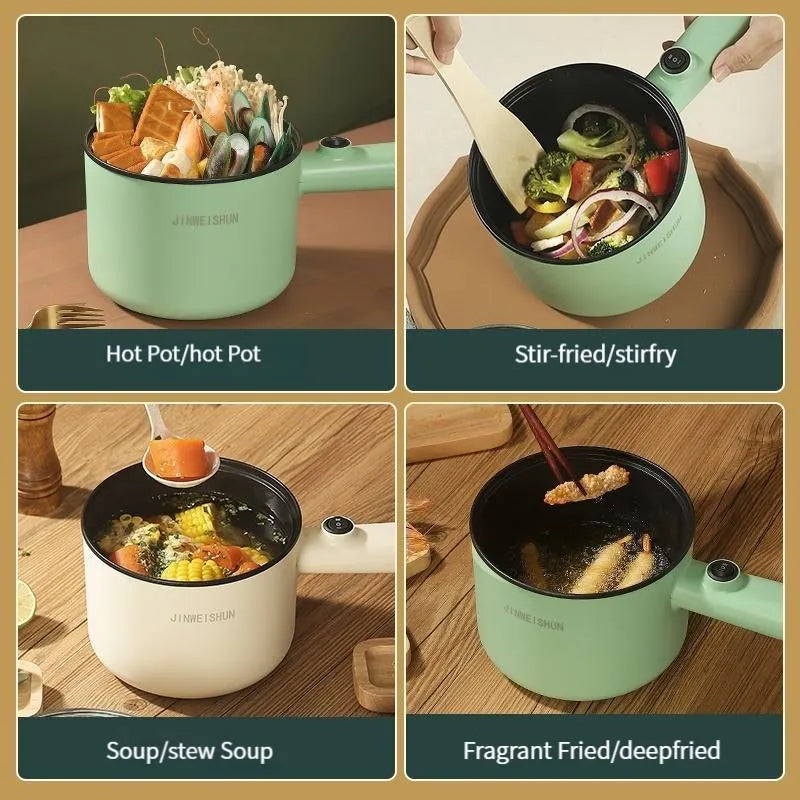 Mini electric hot pot appliance in stainless steel with non-stick coating and included cooking accessories