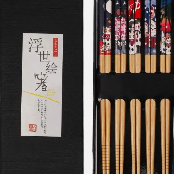 Set of five pairs of bamboo chopsticks with Japanese Lucky Cat and blue wave patterns in a gift box.