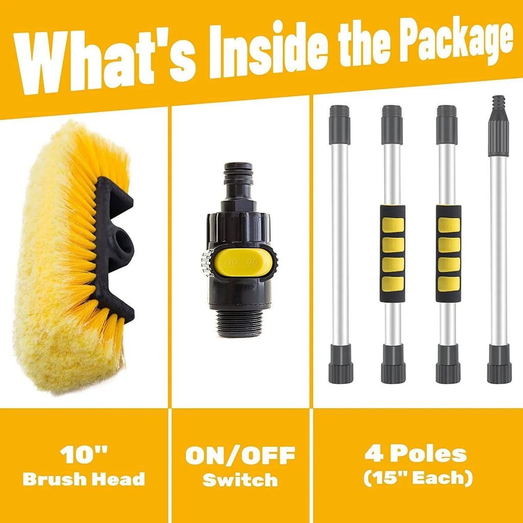 Yellow portable car wash brush with removable flow-through head and four-section adjustable rod