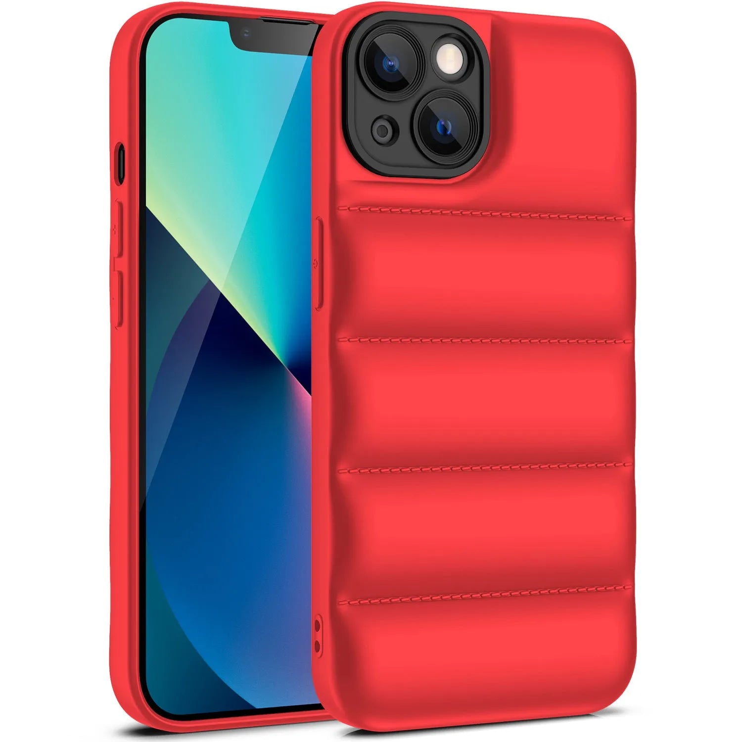Down jacket style flexible TPU phone case for iPhone, shown in solid blue colour.