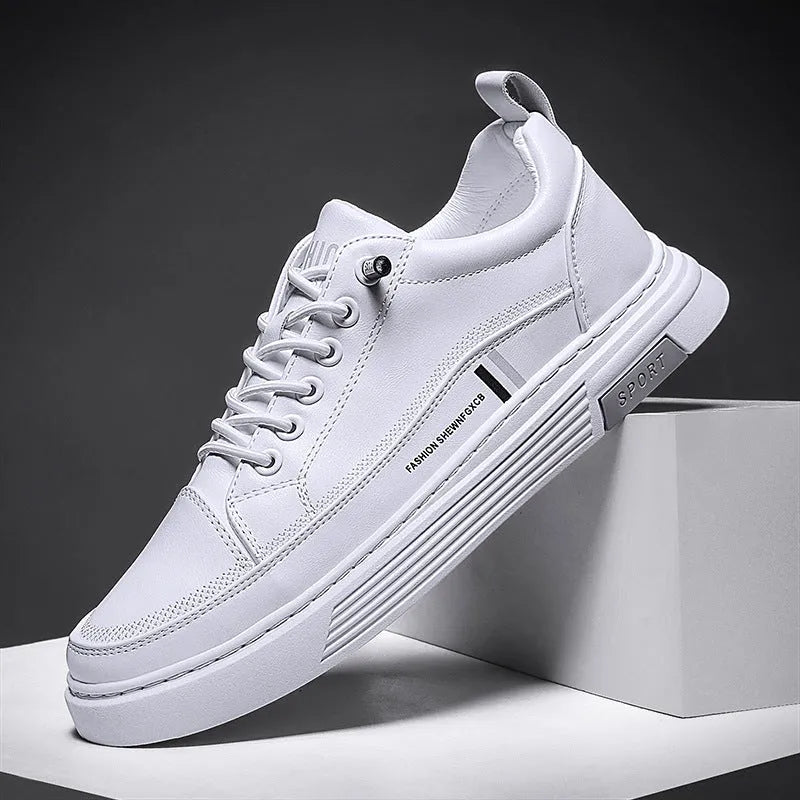 Men's white skateboard shoes with microfiber upper and elastic band closure
