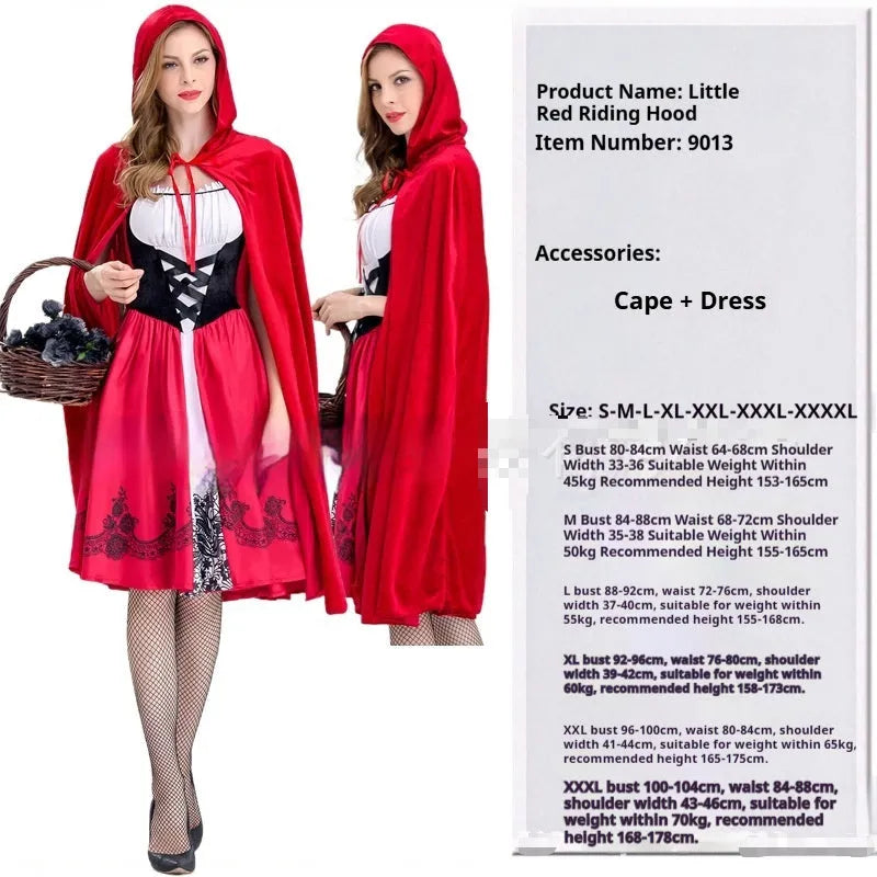 Women's Little Red Riding Hood ball costume set with dress, shawl, and gloves in polyester, available in sizes S to 4XL