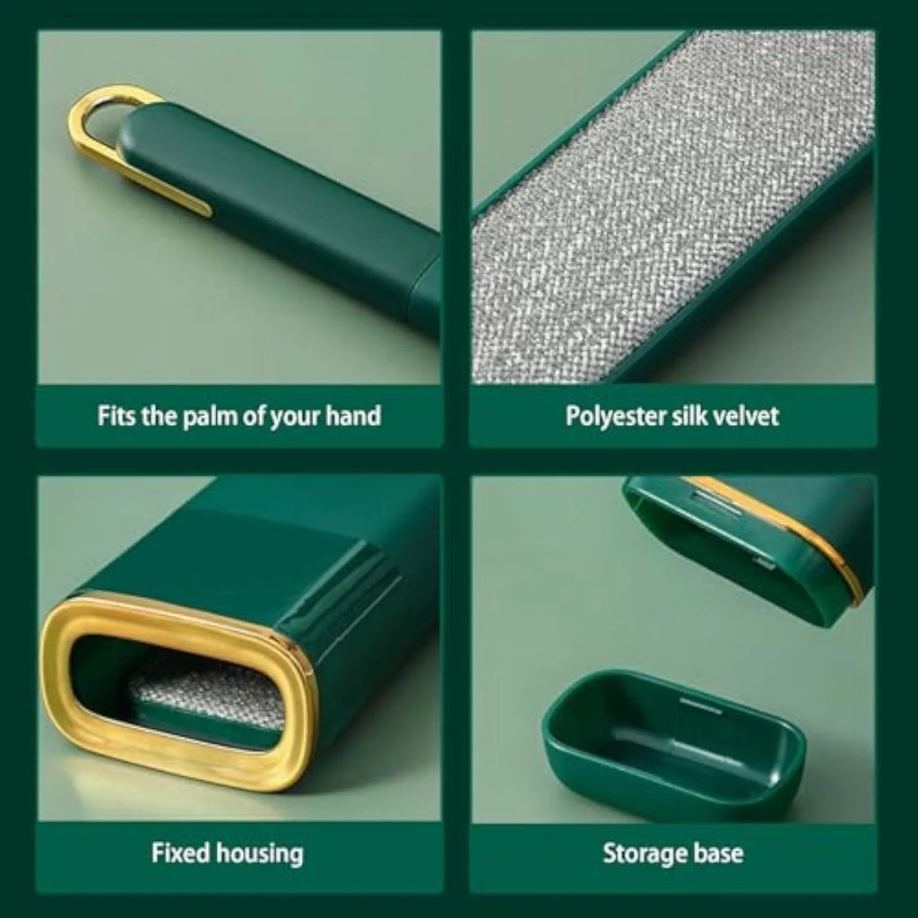 Double-sided pet hair removal brush with plush material in blue, green, and white colour options