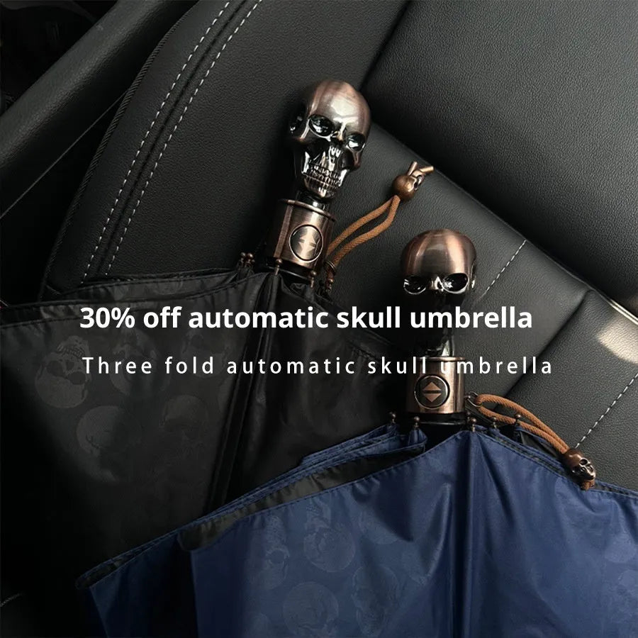 Three-fold automatic skull umbrella with black gold capsules colour, 100cm diameter, and steel handle