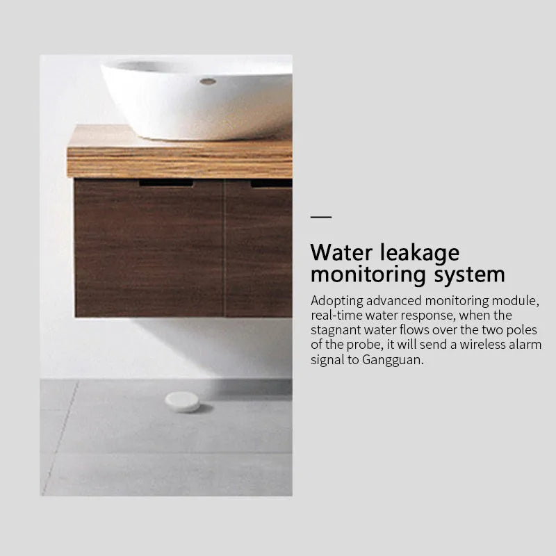Zigbee wireless water leak sensor flood detector on a white surface.