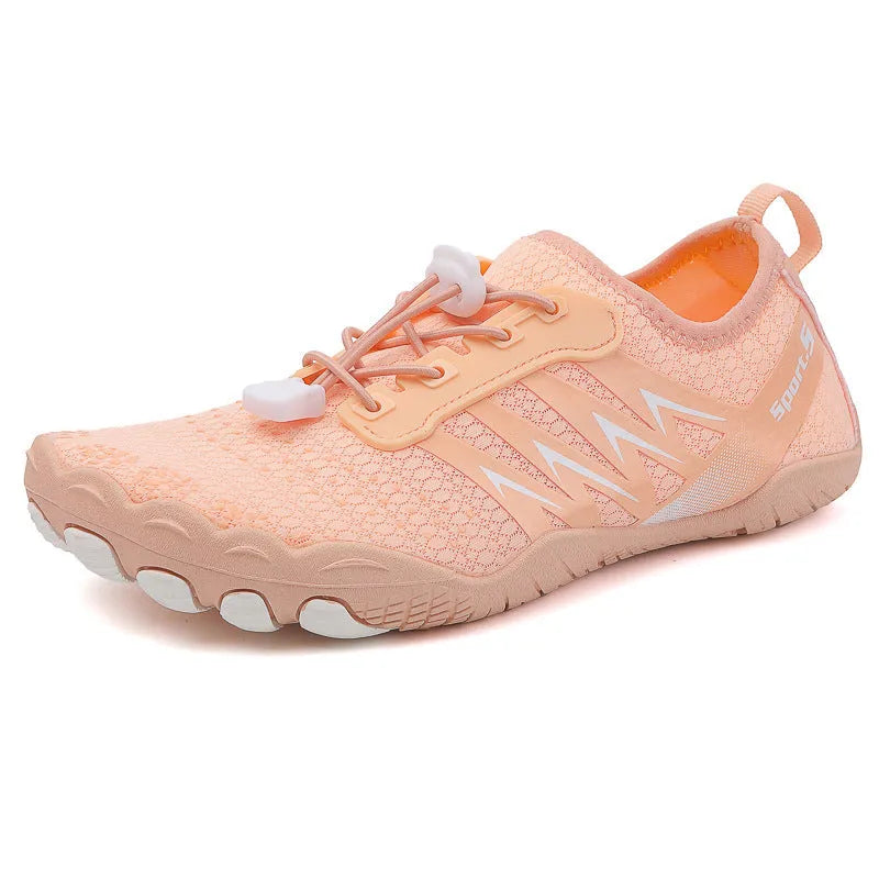 Low-top river tracing shoes with mesh upper and natural rubber outsole in apricot colour