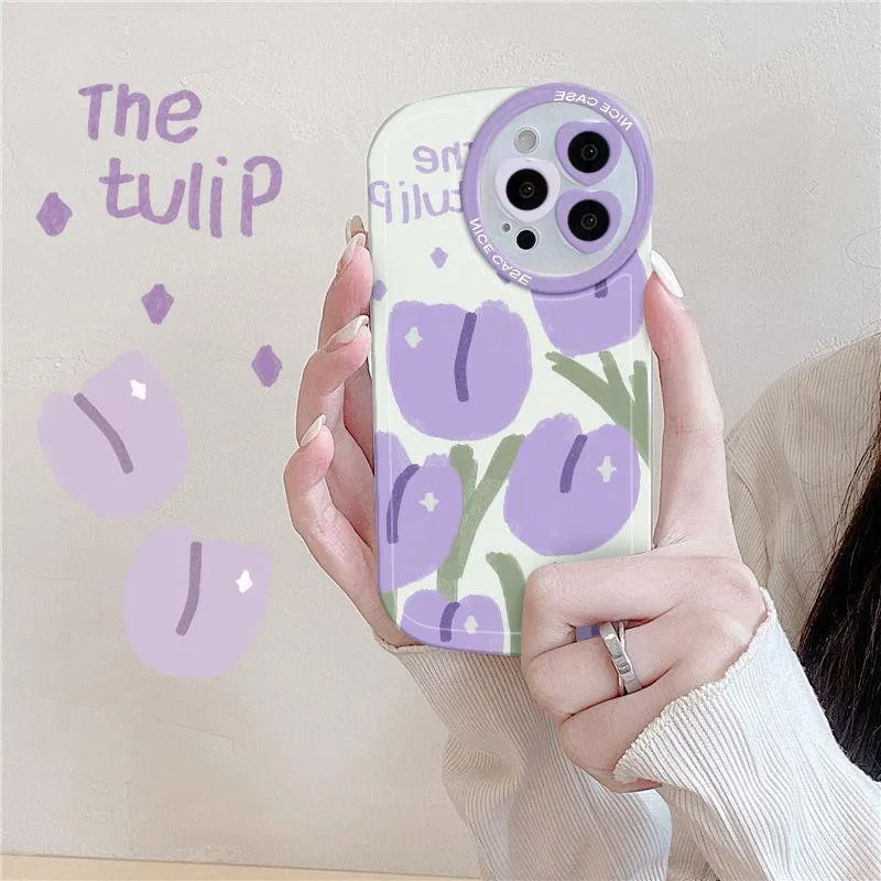 Transparent purple tulip heart lens phone case with purple bracelet for iPhone protection