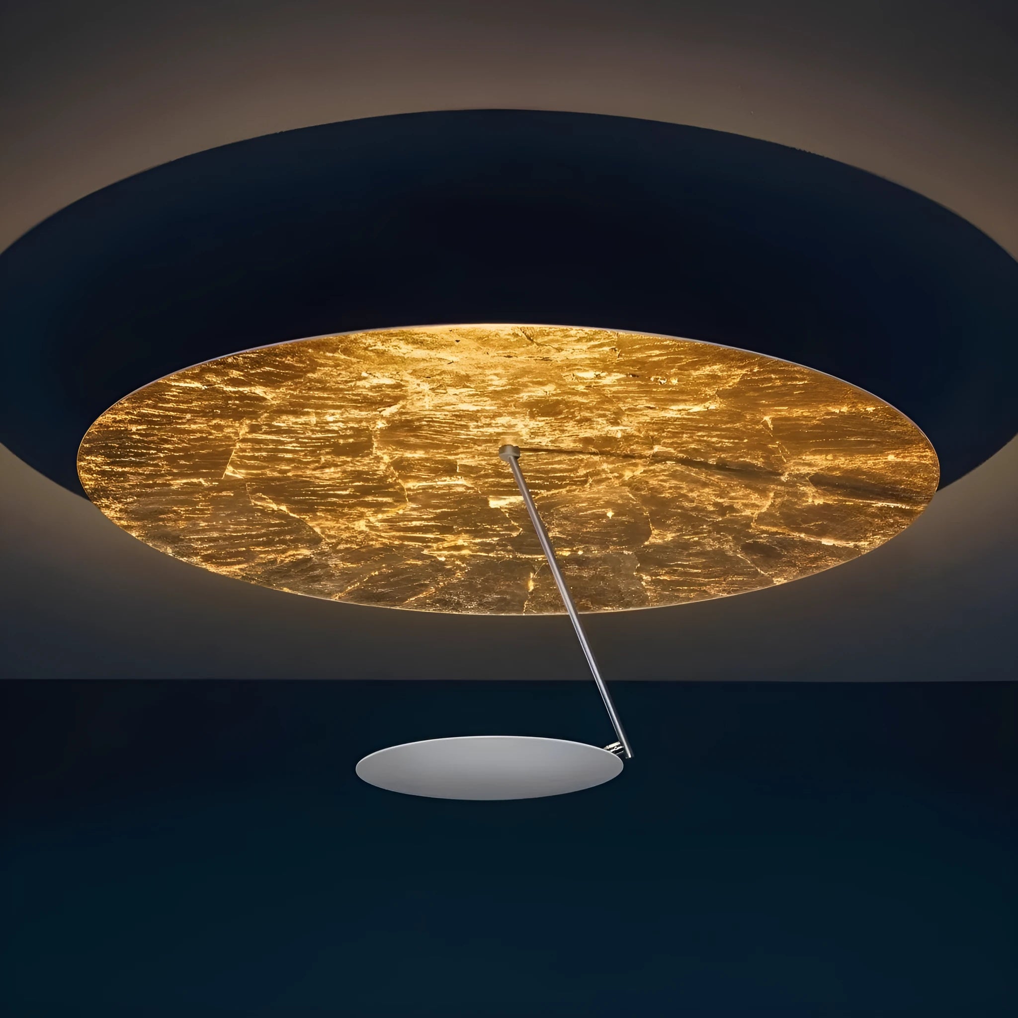 50cm diameter iron ceiling lamp with warm LED light in white or white gold finish.
