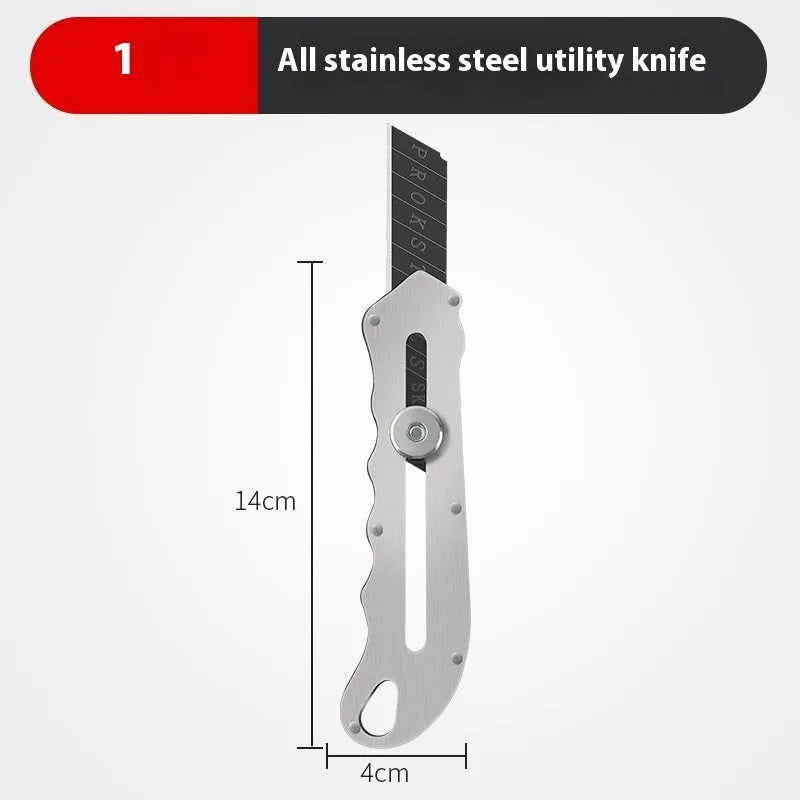Stainless steel folding art knife with black blade and trapezoidal cutting blades