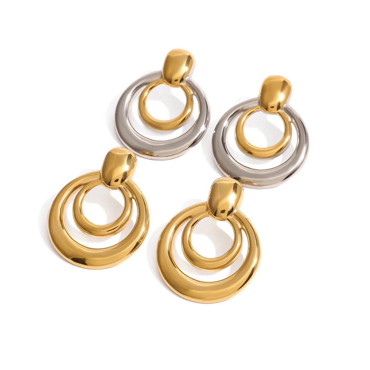 Golden round double-layer hollow stud earrings with 18K gold plating on titanium steel