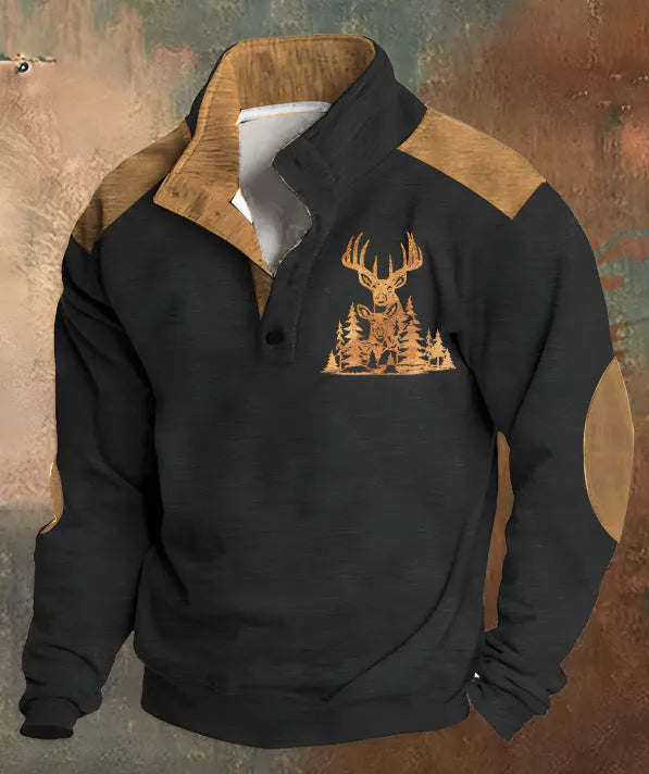 Man's loose fit grey sweater with blue 3D geometric digital print pattern and four-button front.
