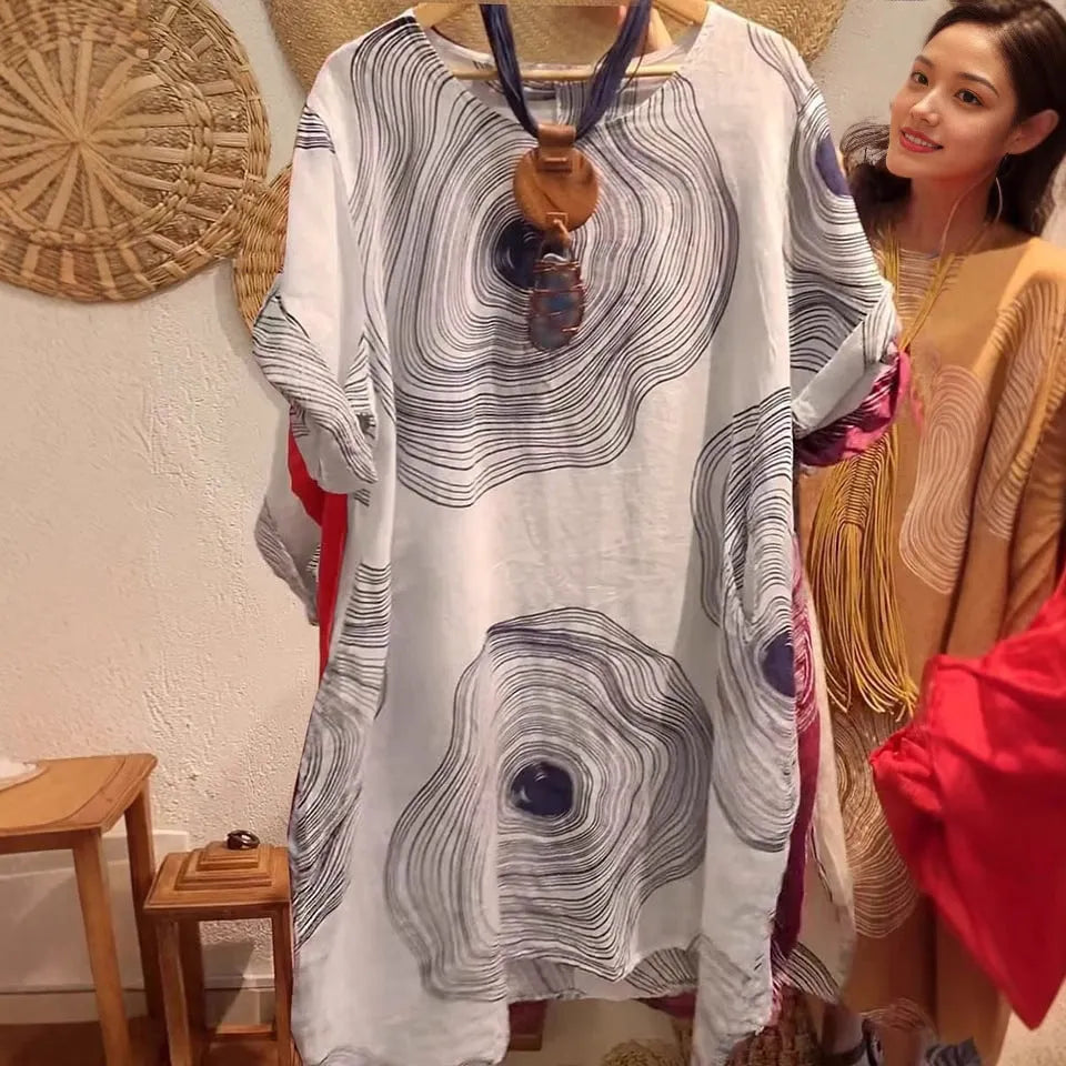 Women's round neck abstract print sleeve dress with 3D effect, A-line skirt, red colour, street fashion style