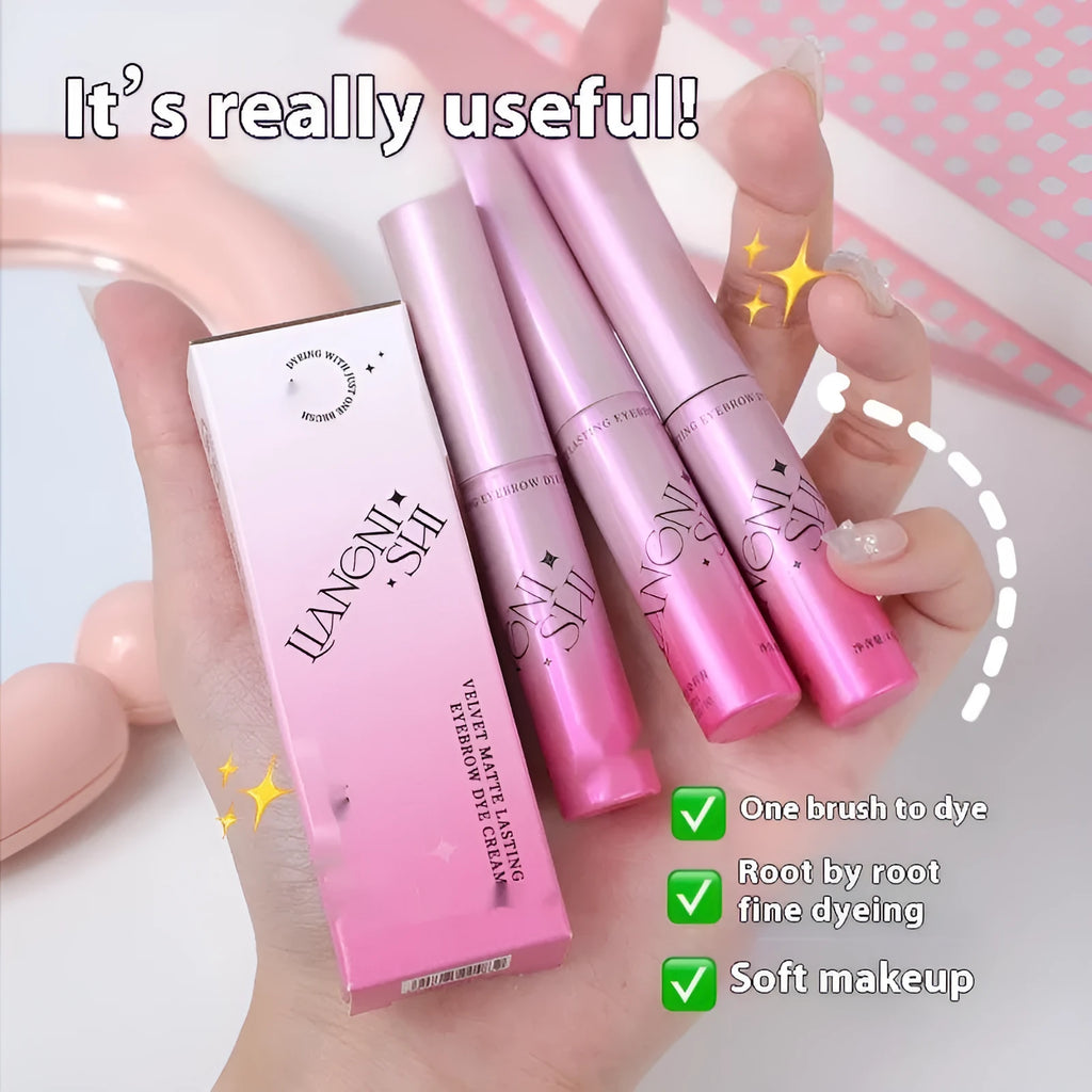 Eyebrow cream container showing velvet formula in four neutral shades for natural brow definition
