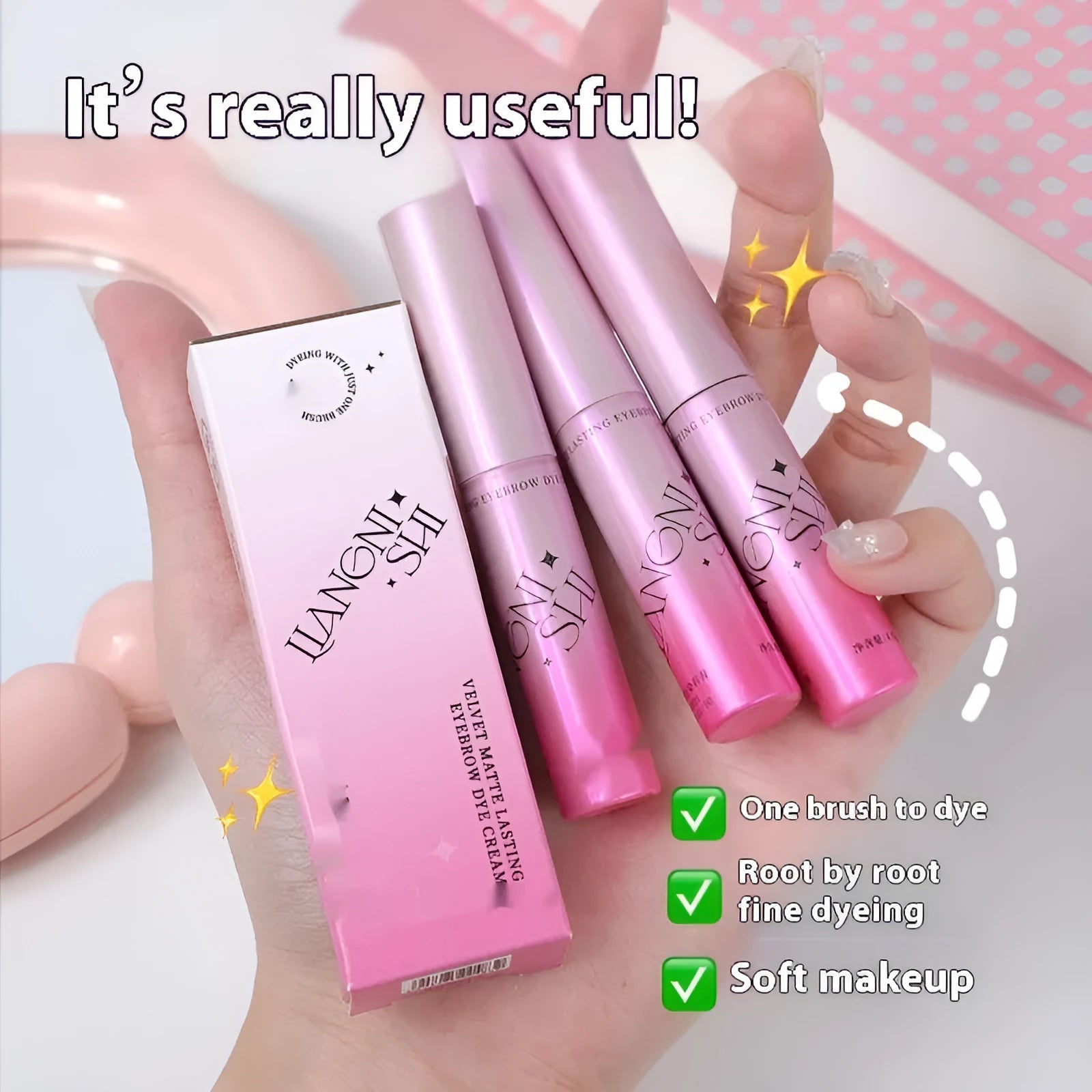 Eyebrow cream container showing velvet formula in four neutral shades for natural brow definition