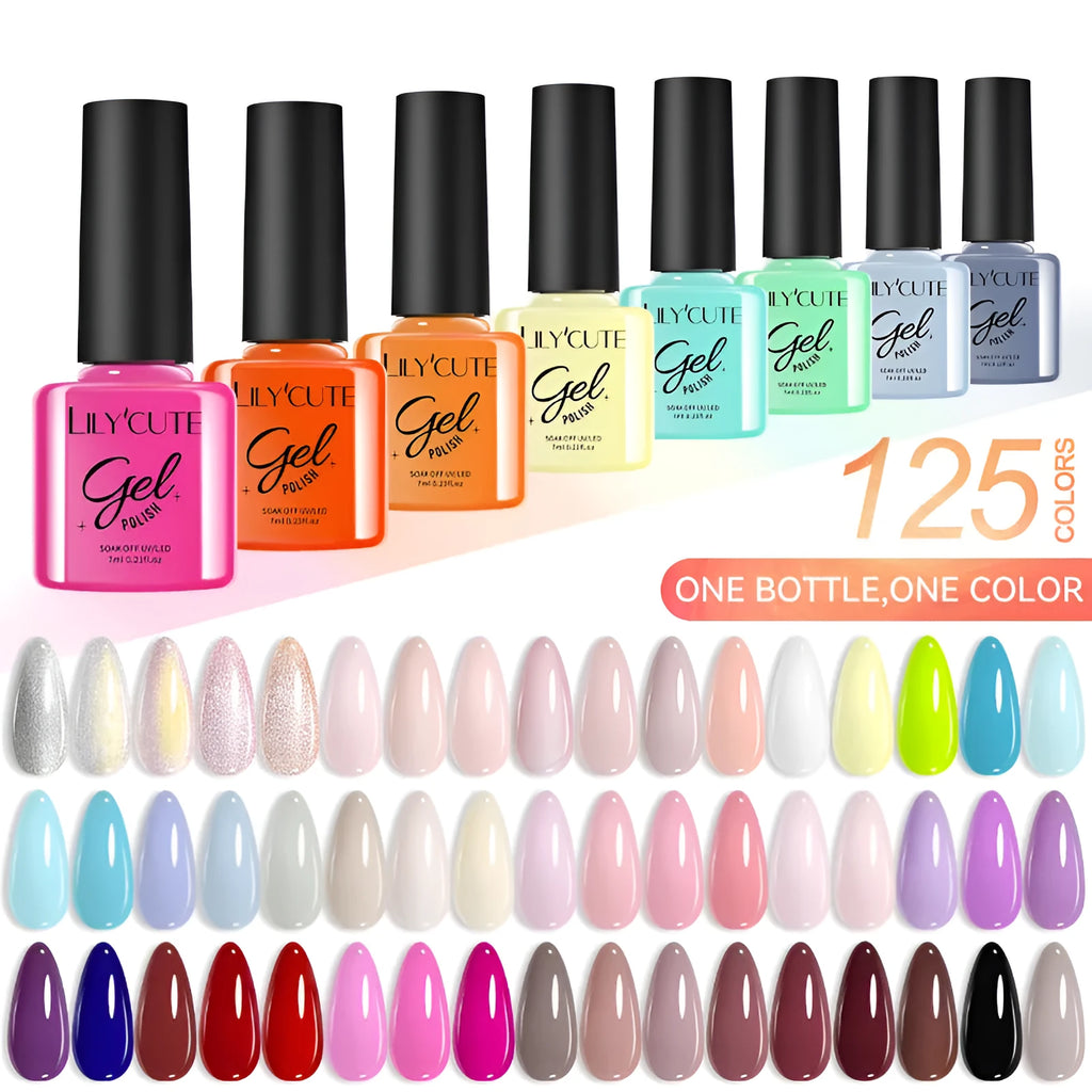 UV gel nail polish set showing 20 bottles in glitter, nude, and solid colours for waterproof manicures.