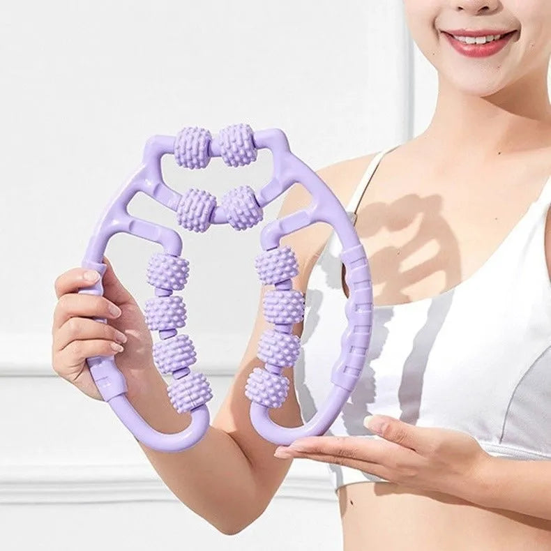 Handheld plastic leg massager roller with multiple wheels in macaron pink colour