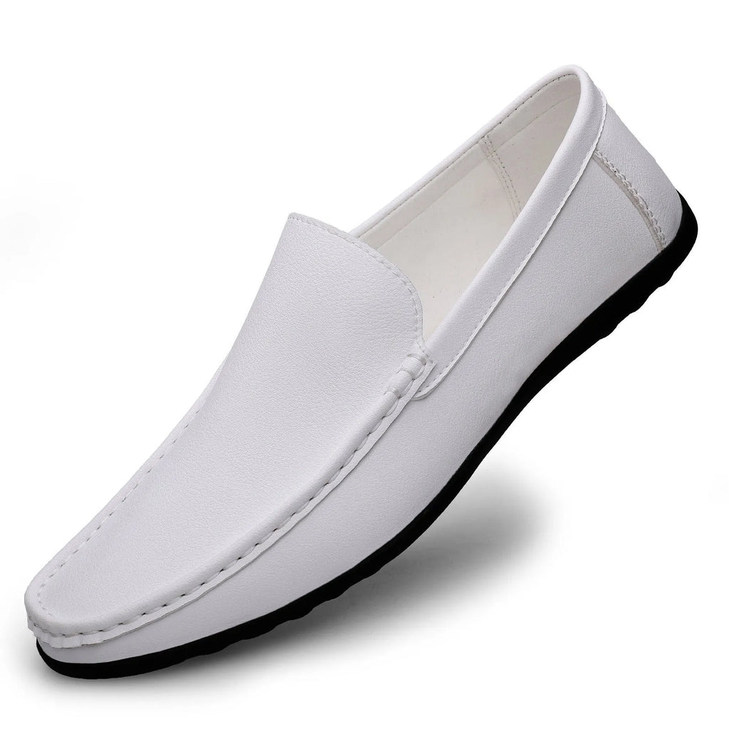 Men's white casual loafers low-top soft bottom flat heel stitched rubber sole side view