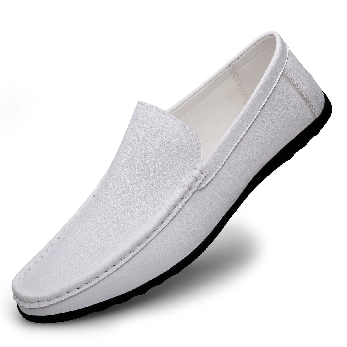 Men's white casual loafers low-top soft bottom flat heel stitched rubber sole side view