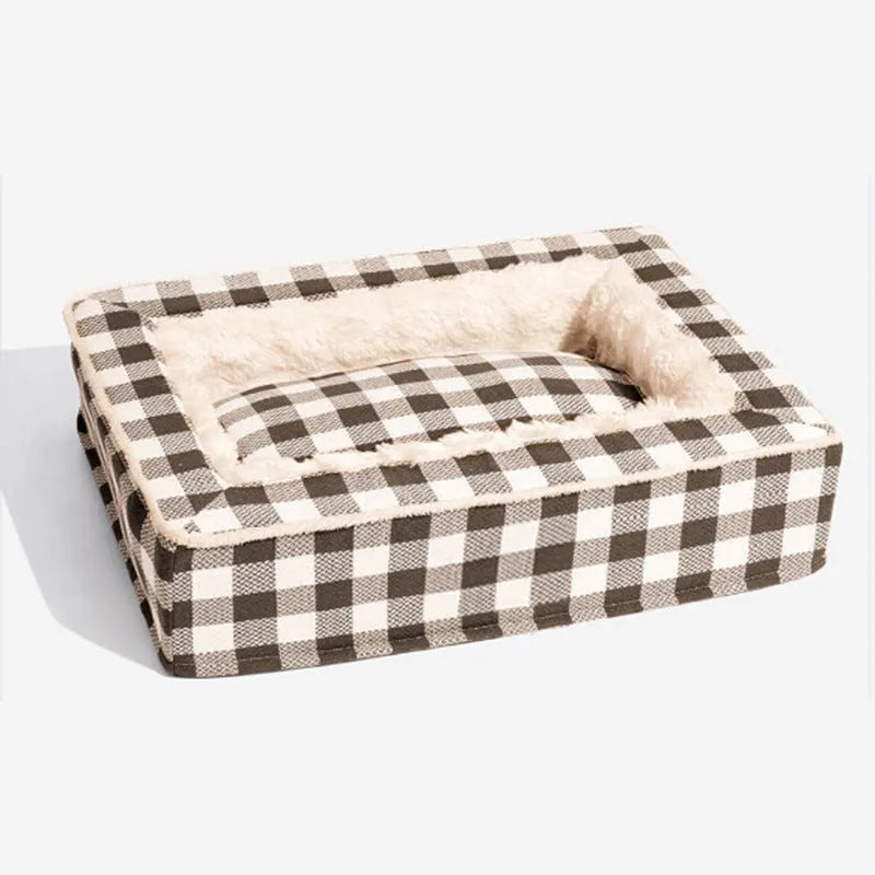 Classic plaid removable dog kennel bed in red tartan pattern showing soft cloth construction