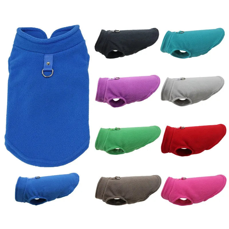 A solid-colour polar fleece dog waistcoat shown in one of nine available colours, sized for a medium dog.