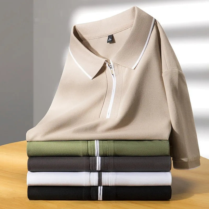 Men's slim fit lapel top in cotton blend fabric with short sleeves
