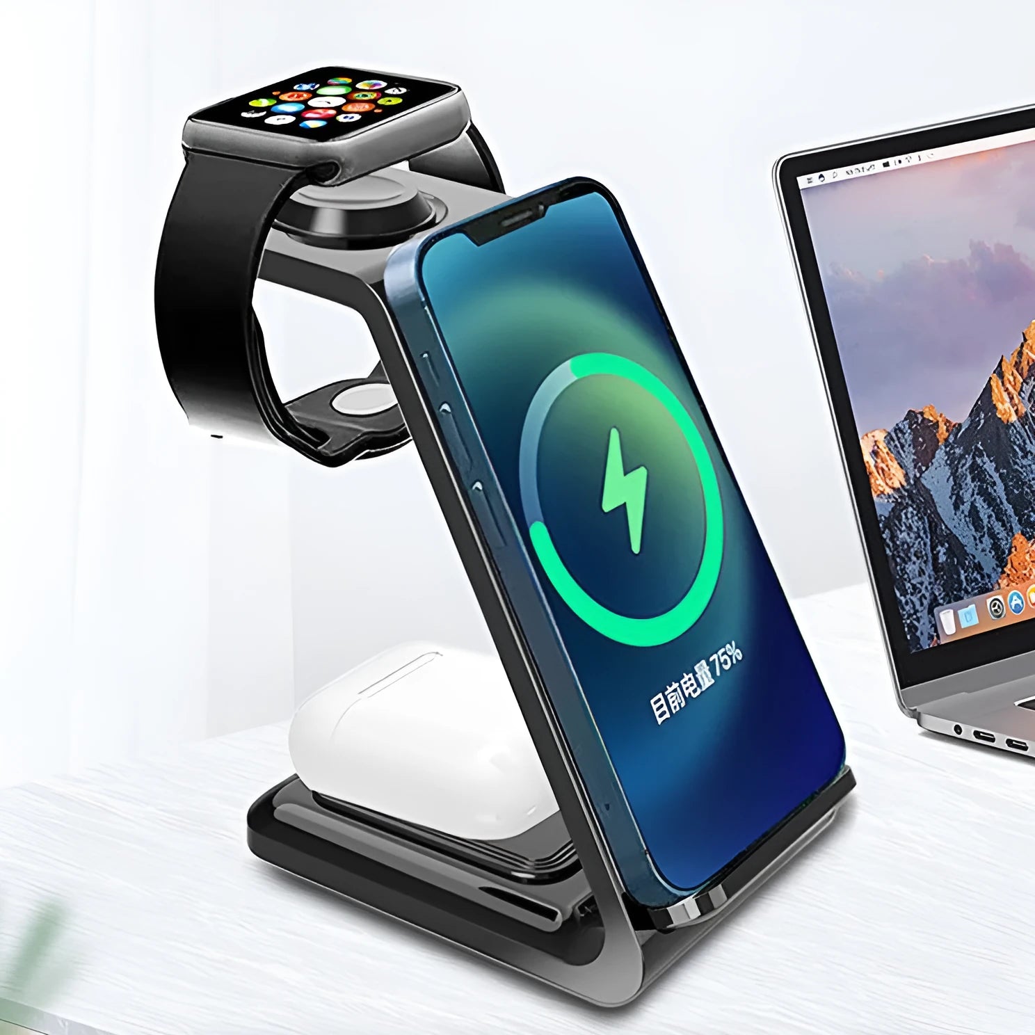 Black and white 3-in-1 upright wireless phone charger stand on a desk.