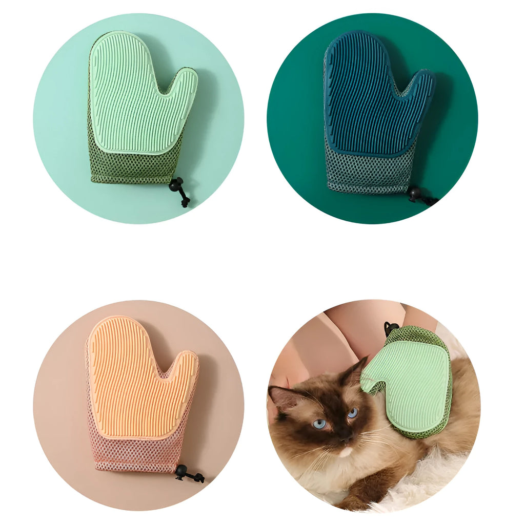 Two-in-one floating hair removal pet grooming glove in blue mesh and TPR material