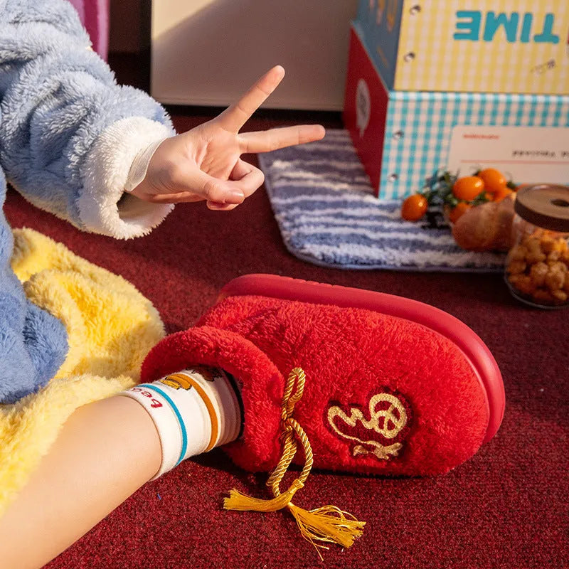 Red indoor slippers with ethnic pattern, suede upper and EVA sole, high-top design