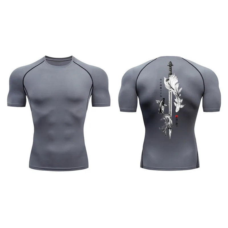 Man wearing a printed short sleeve loose-fit compression shirt in a solid colour background.