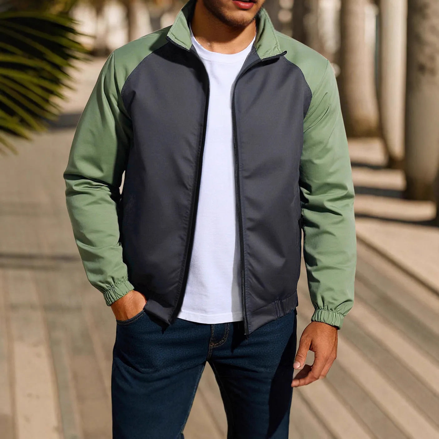 Men's casual stand collar coat in loose fit with raglan sleeves, shown in red, khaki, and green colour options