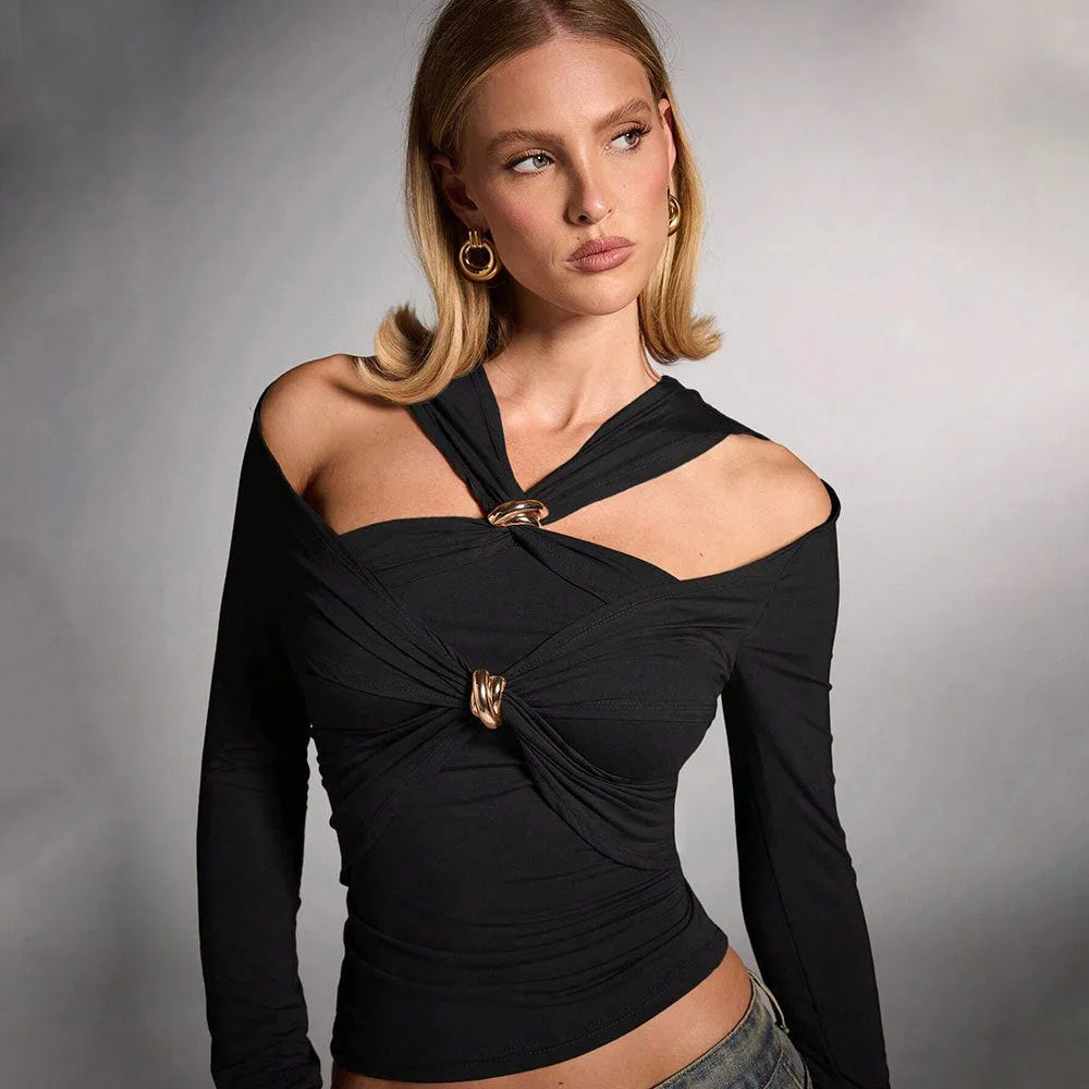 Black women's halter neck top with long sleeves in a slim fit.