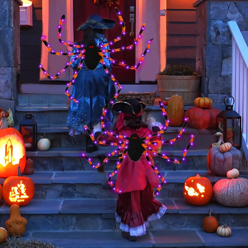 Orange Halloween spider backpack with glowing LED lights on a model, showing plush fabric.