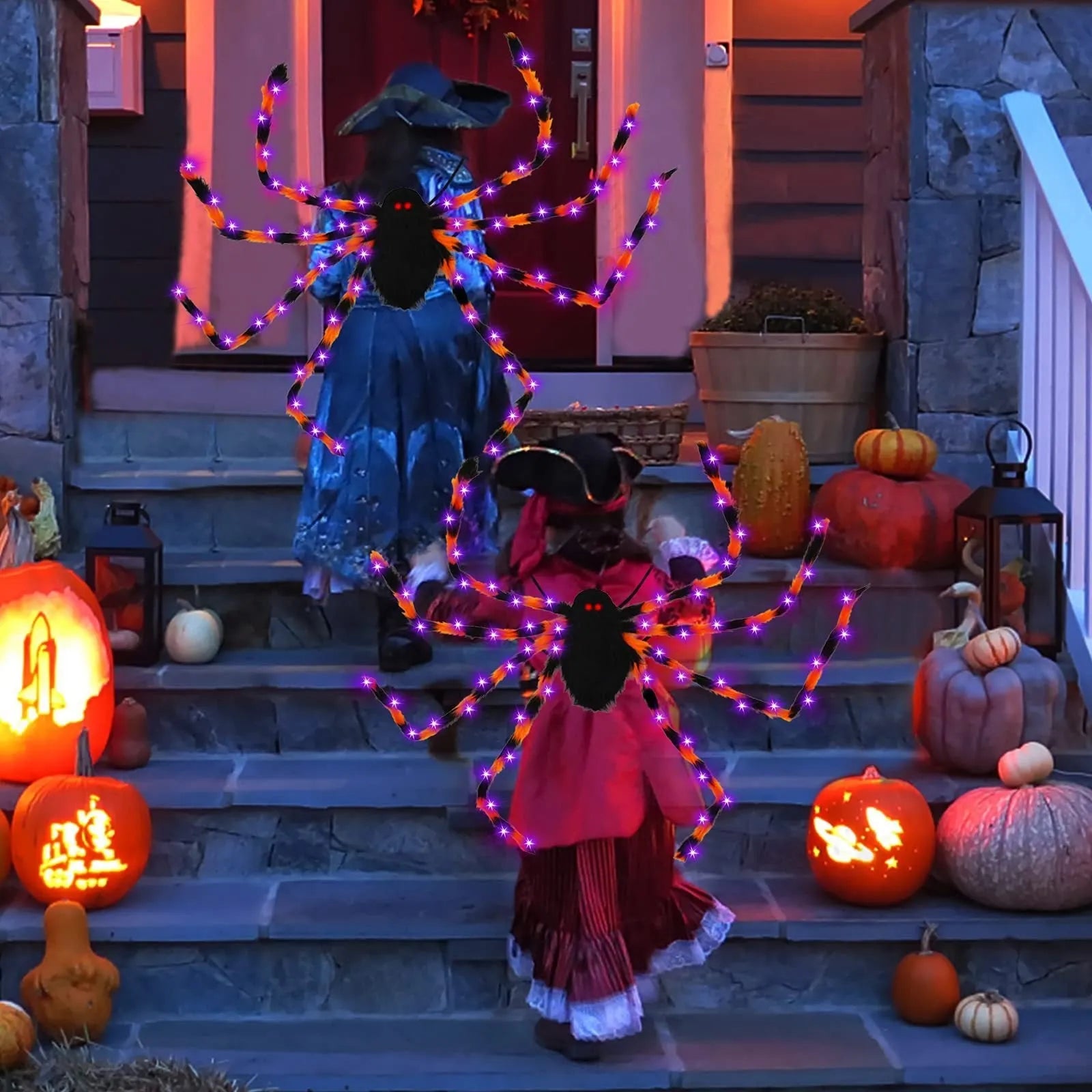 Orange Halloween spider backpack with glowing LED lights on a model, showing plush fabric.