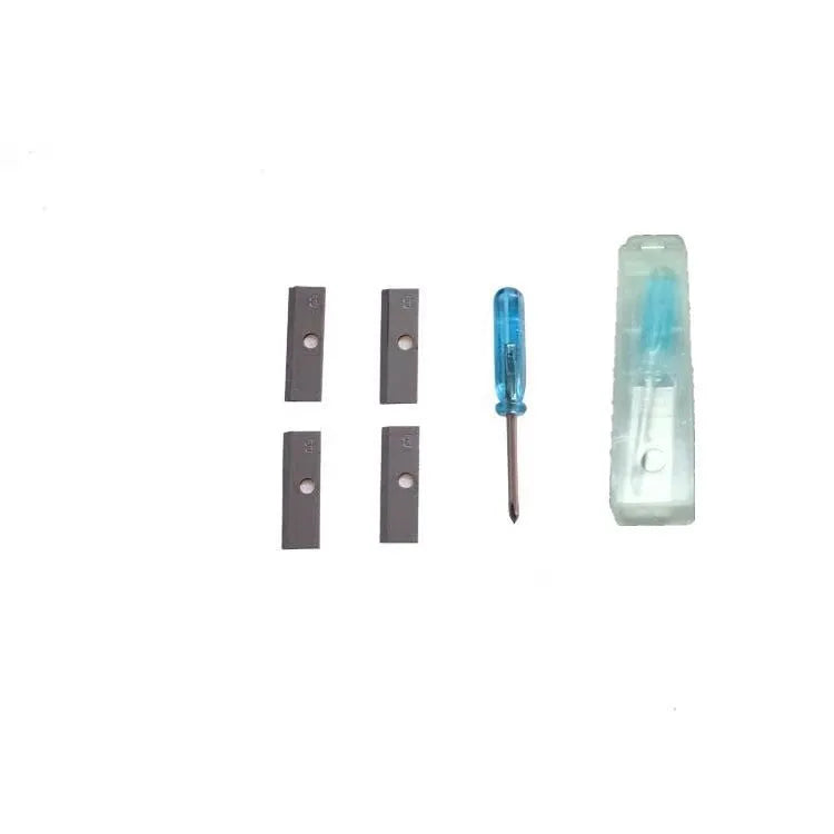 Geometric plastic pencil sharpener with four holes and an included screwdriver for blade maintenance.