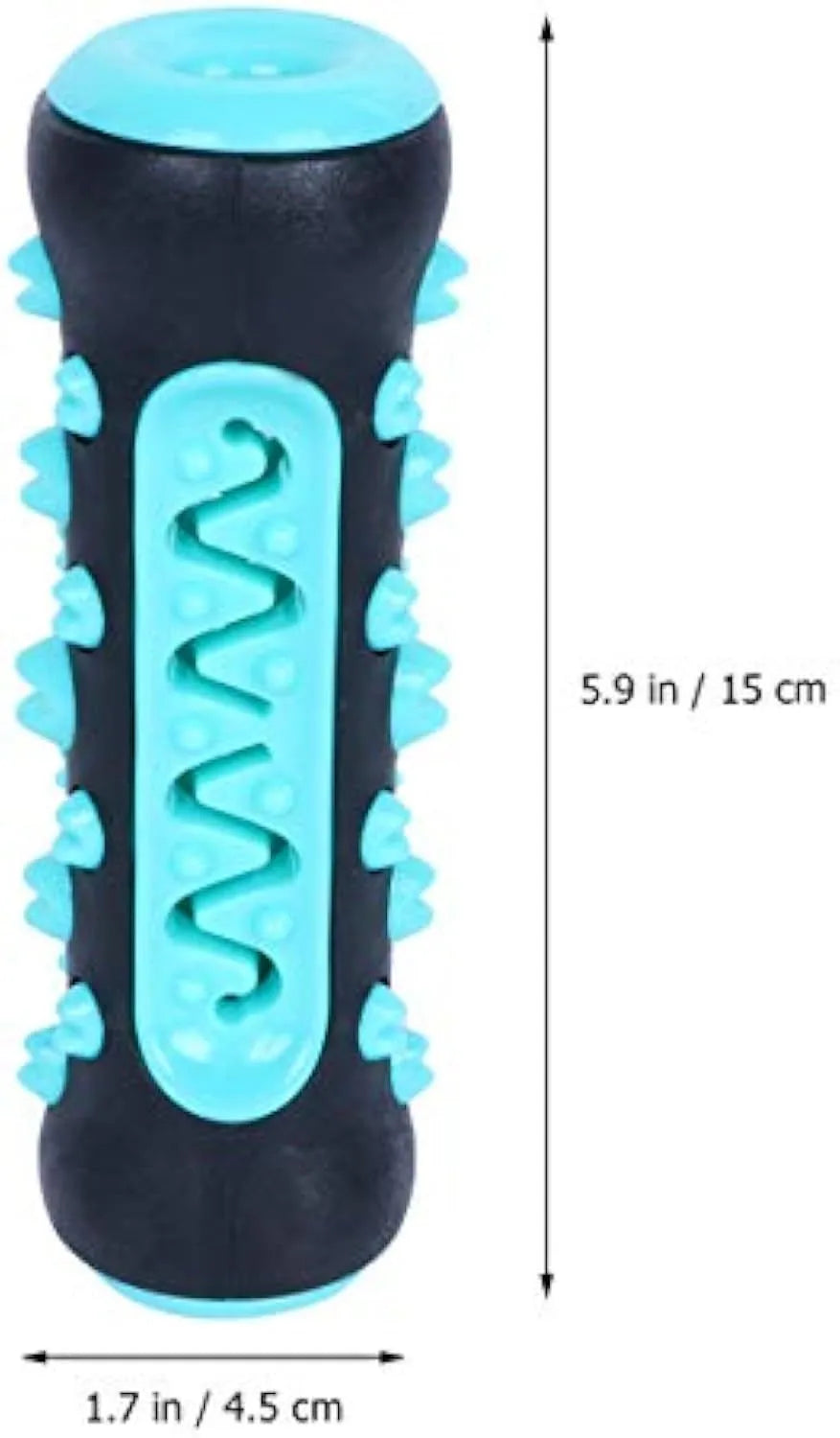 Natural rubber dog toothbrush chew toy in blue with cleaning bristles, shown next to a size scale.