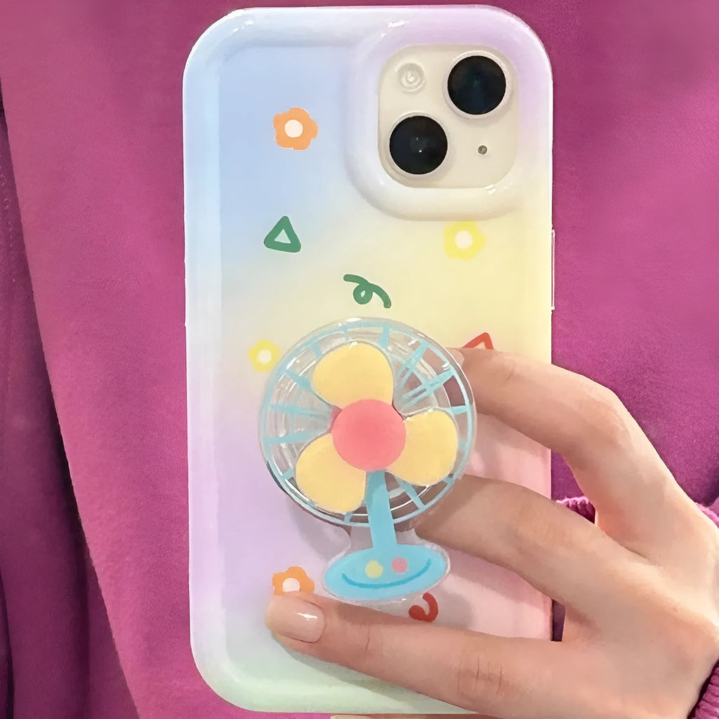 Creative fan holder phone case with silicone anti-drop protection for iPhone 11 12 13 14 Pro Max, showing integrated bracket