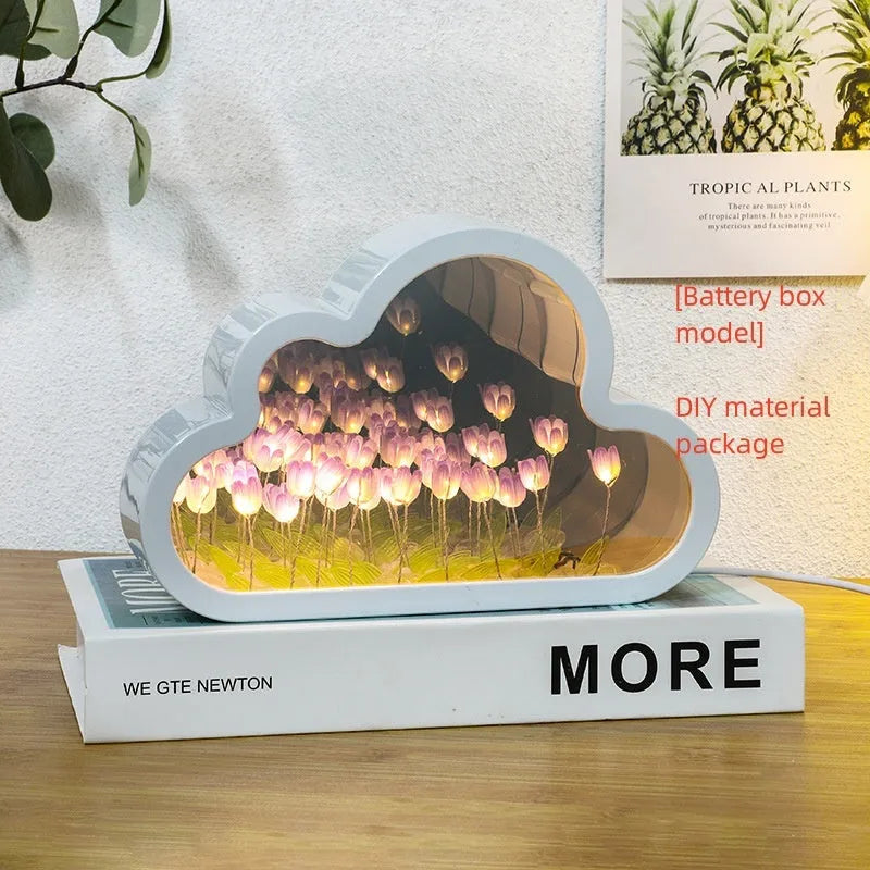 DIY tulip night lamp with decorative mirror and LED lighting in multiple colour options