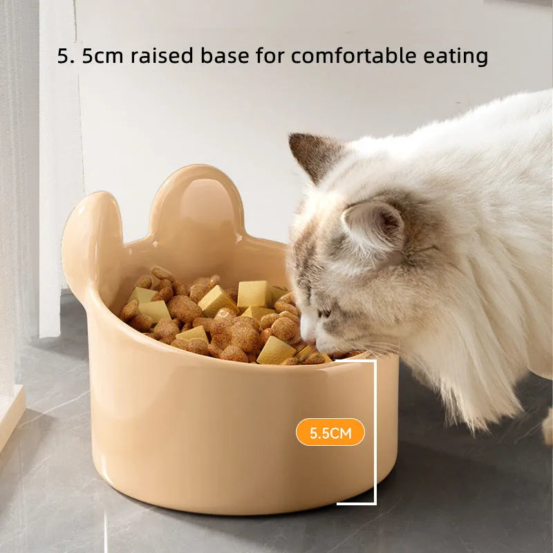Ceramic pet feeding bowls with neck protection design in white and yellow colours
