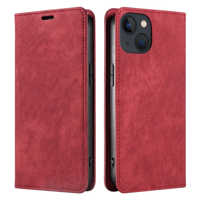 Magnetic flip leather phone case for iPhone in various colours, showing front and back views.