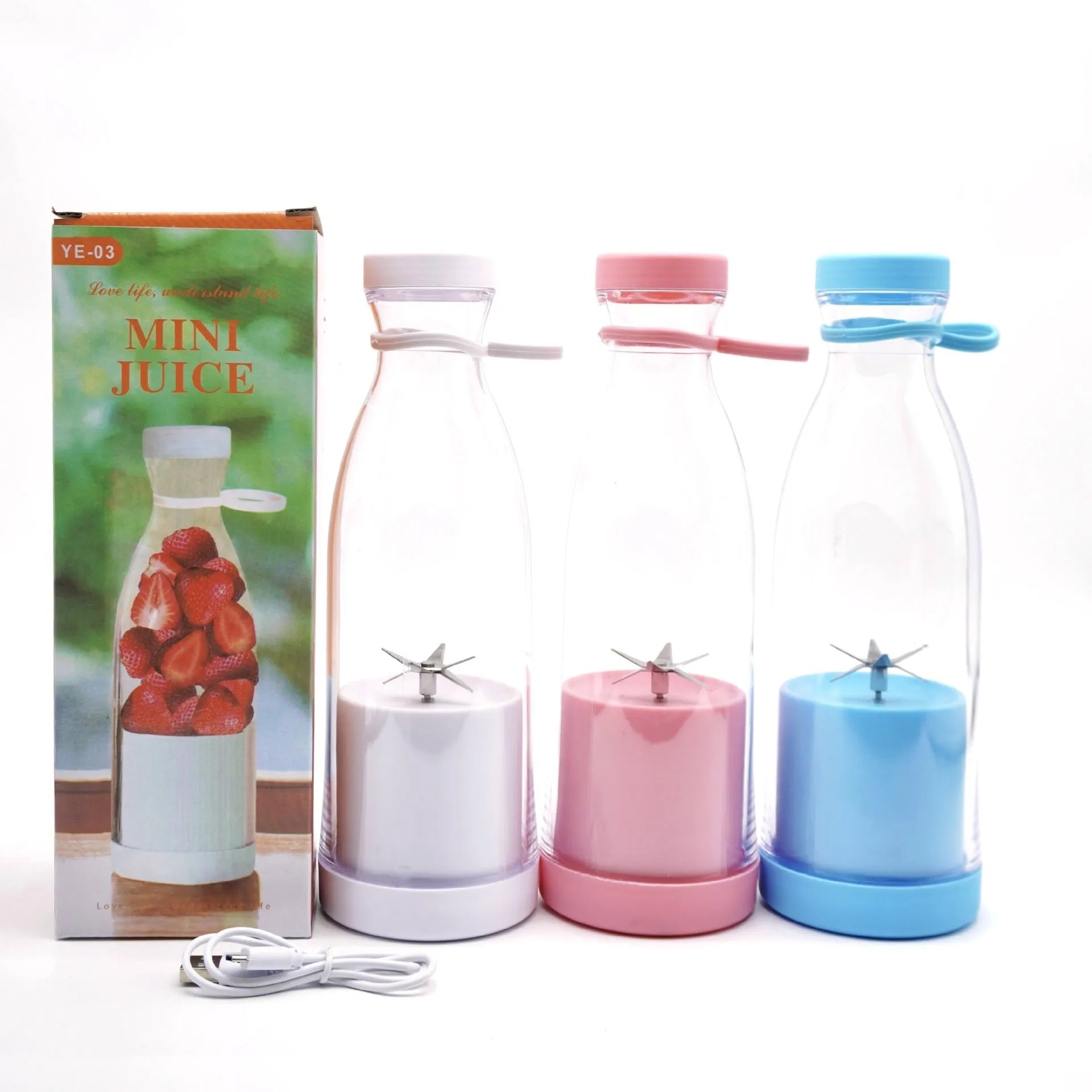 Electric USB wine bottle juicer cup with 6-leaf cutter head, 400ml capacity, white plastic body