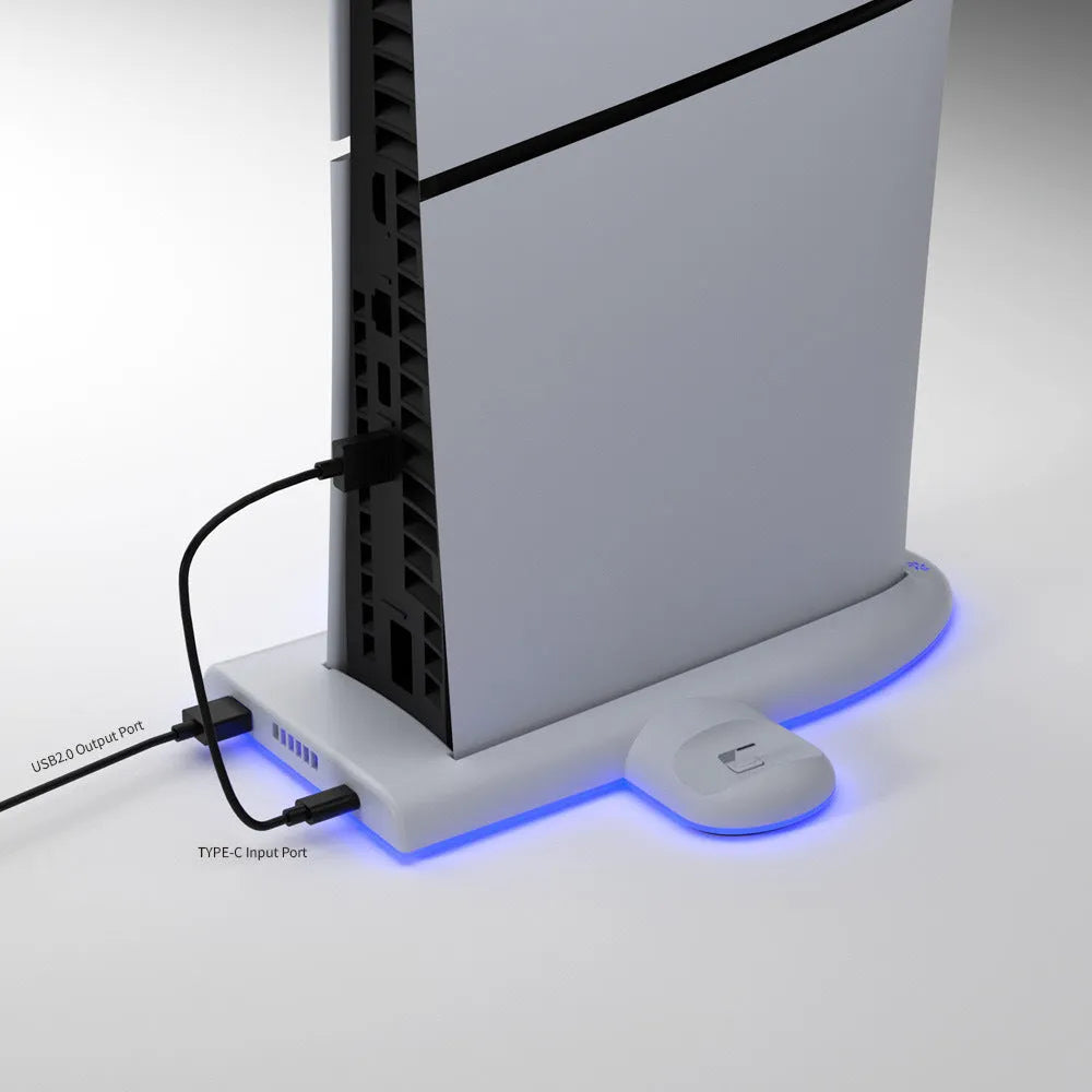 White PS5 cooling pad charger with RGB lighting and controller charging belt