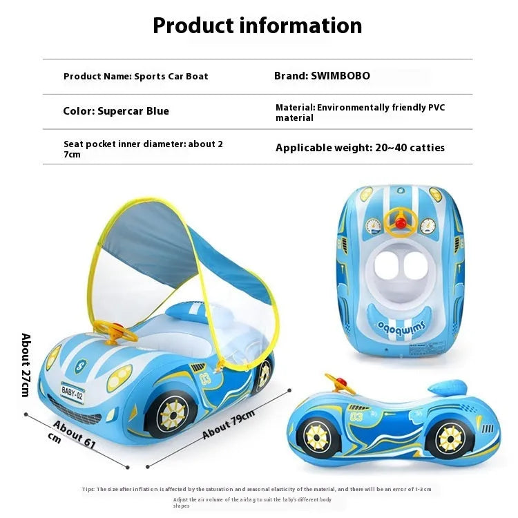 Pink children's inflatable swimming ring with mini steering wheel and sports car boats pattern