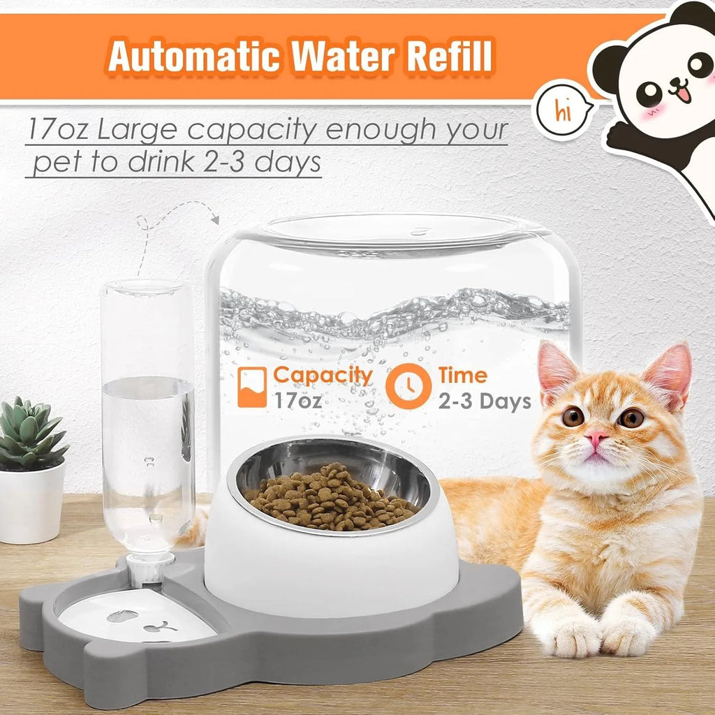 Grey pet bowl set with automatic water dispenser and tilted stainless steel feeding bowls