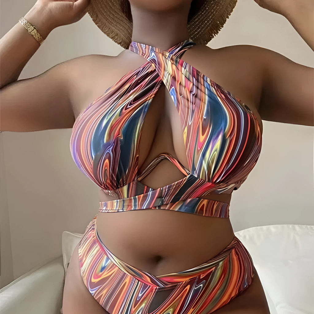 Women's plus size high-waist floral bikini swimsuit in picture colour