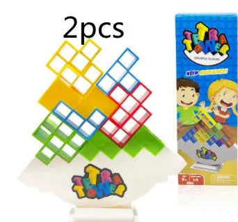 Plastic balance stacking board game with coloured building blocks on chassis for kids and adults
