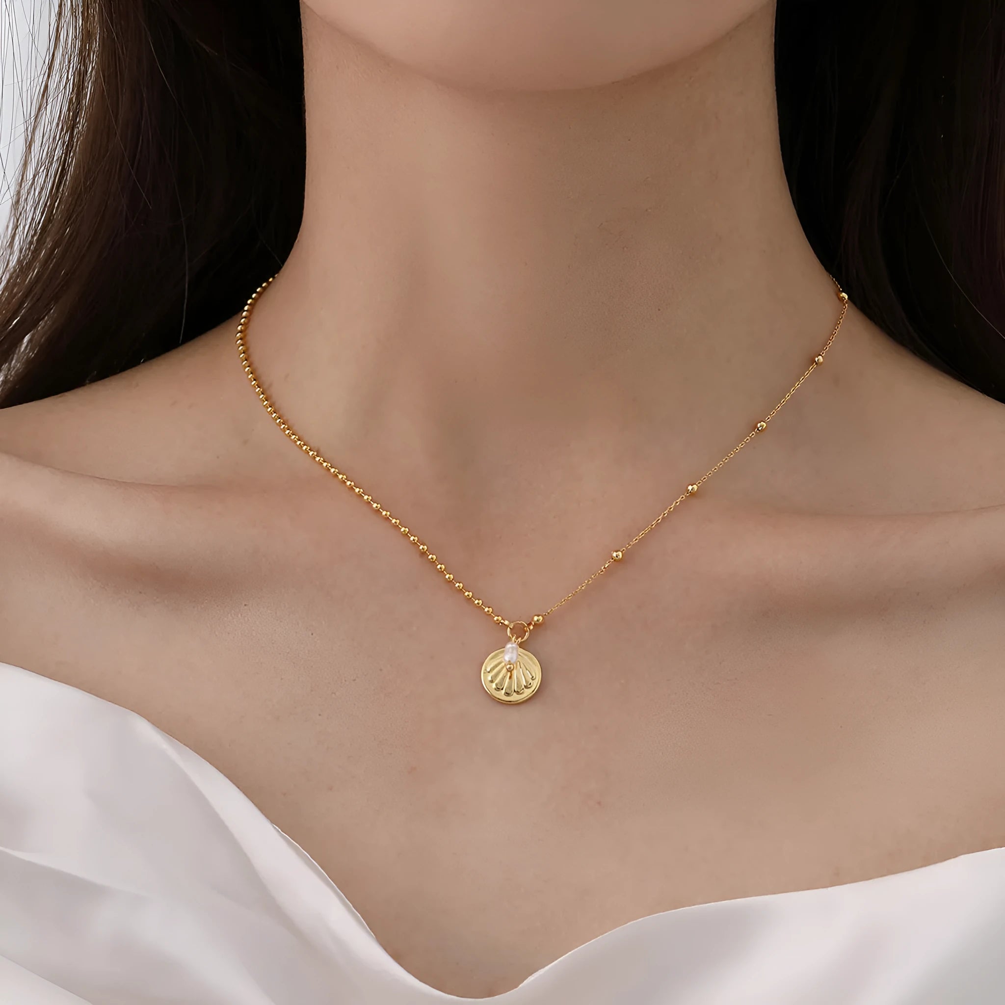 Hong Kong style necklace with natural pearl and shell pendant on stainless steel chain
