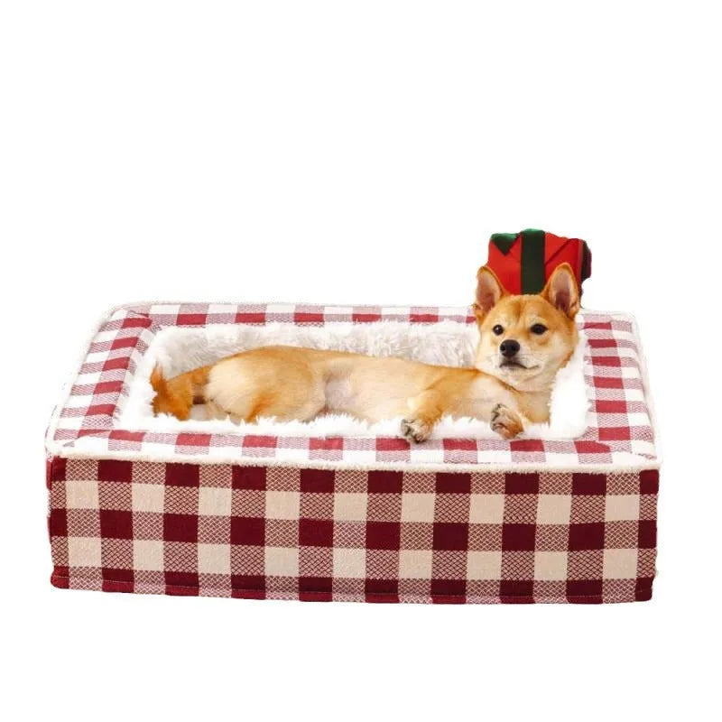 Classic plaid removable dog kennel bed in red tartan pattern showing soft cloth construction