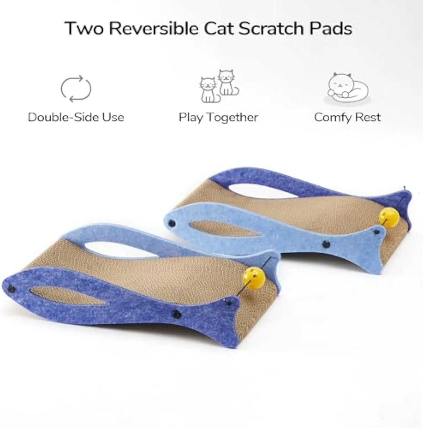 Blue fish-shaped cardboard cat scratcher with a wavy lounge surface and a red bell toy on a string.