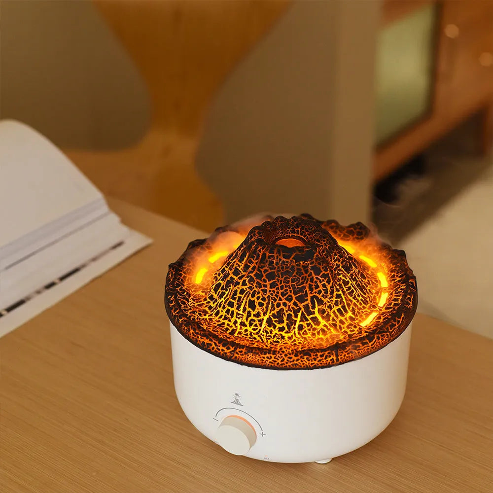 White simulated flame volcano humidifier and aroma diffuser with remote control